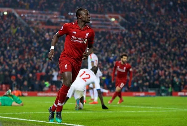 LIVERPOOL, ENGLAND - Saturday, January 19, 2019: Liverpool's Sadio Mane celebrates scoring the fourth goal during the FA Premier League match between Liverpool FC and Crystal Palace FC at Anfield. (Pic by David Rawcliffe/Propaganda)