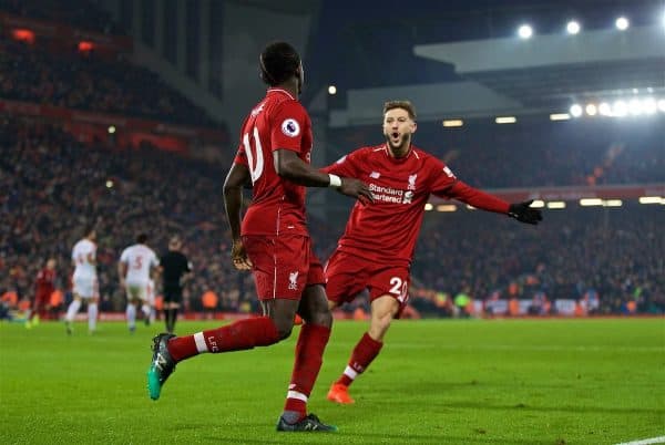 LIVERPOOL, ENGLAND - Saturday, January 19, 2019: Liverpool's Sadio Mane celebrates scoring the fourth goal with team-mate Adam Lallana during the FA Premier League match between Liverpool FC and Crystal Palace FC at Anfield. (Pic by David Rawcliffe/Propaganda)