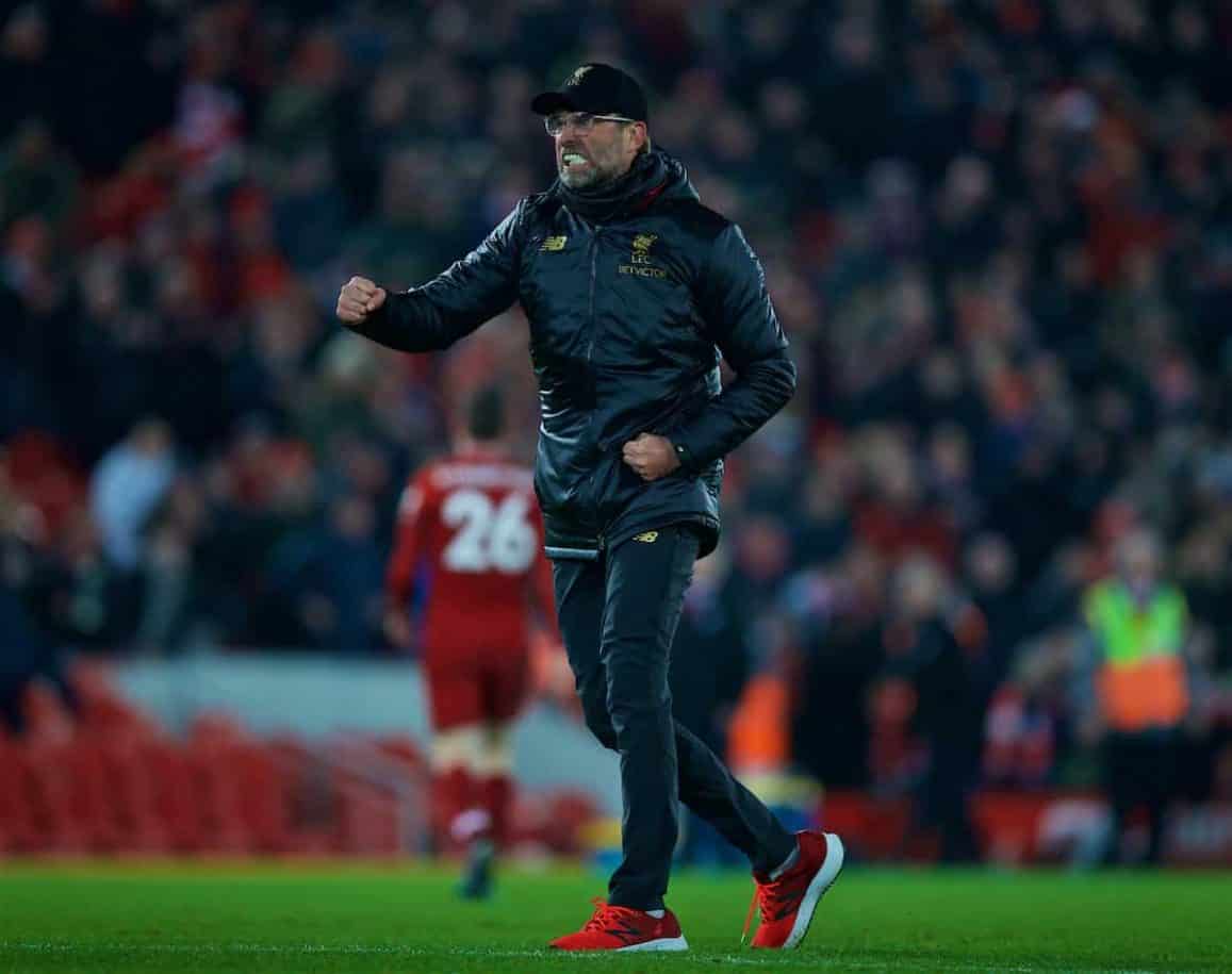 LIVERPOOL, ENGLAND - Saturday, January 19, 2019: Liverpool's manager Jürgen Klopp celebrates after the 4-3 victory over Crystal Palace during the FA Premier League match between Liverpool FC and Crystal Palace FC at Anfield. (Pic by David Rawcliffe/Propaganda)