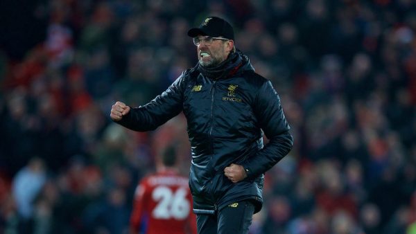 LIVERPOOL, ENGLAND - Saturday, January 19, 2019: Liverpool's manager J¸rgen Klopp celebrates after the 4-3 victory over Crystal Palace during the FA Premier League match between Liverpool FC and Crystal Palace FC at Anfield. (Pic by David Rawcliffe/Propaganda)