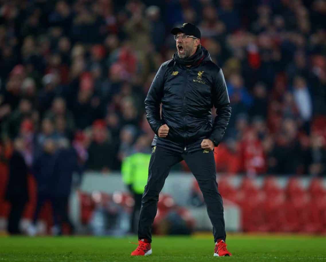 LIVERPOOL, ENGLAND - Saturday, January 19, 2019: Liverpool's manager Jürgen Klopp celebrates after the 4-3 victory over Crystal Palace during the FA Premier League match between Liverpool FC and Crystal Palace FC at Anfield. (Pic by David Rawcliffe/Propaganda)