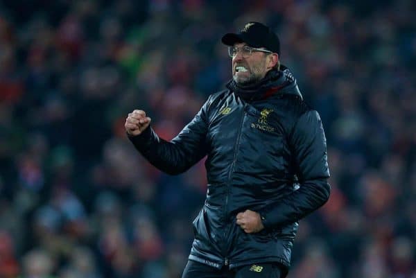 LIVERPOOL, ENGLAND - Saturday, January 19, 2019: Liverpool's manager Jürgen Klopp celebrates after the 4-3 victory over Crystal Palace during the FA Premier League match between Liverpool FC and Crystal Palace FC at Anfield. (Pic by David Rawcliffe/Propaganda)