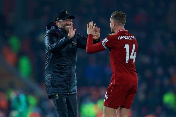 LIVERPOOL, ENGLAND - Saturday, January 19, 2019: Liverpool's manager J¸rgen Klopp celebrates with captain Jordan Henderson after the 4-3 victory over Crystal Palace during the FA Premier League match between Liverpool FC and Crystal Palace FC at Anfield. (Pic by David Rawcliffe/Propaganda)