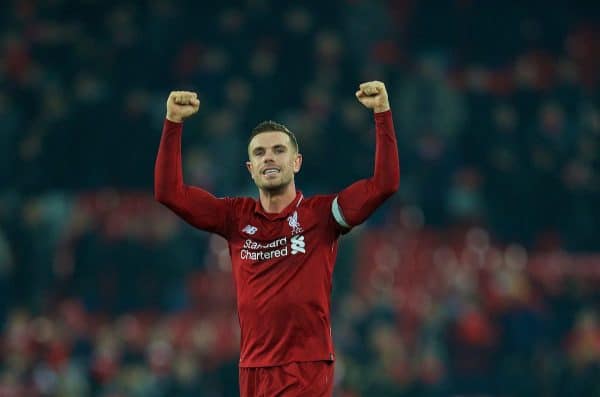 LIVERPOOL, ENGLAND - Saturday, January 19, 2019: Liverpool's captain Jordan Henderson celebrates after the 4-3 victory over Crystal Palace during the FA Premier League match between Liverpool FC and Crystal Palace FC at Anfield. (Pic by David Rawcliffe/Propaganda)