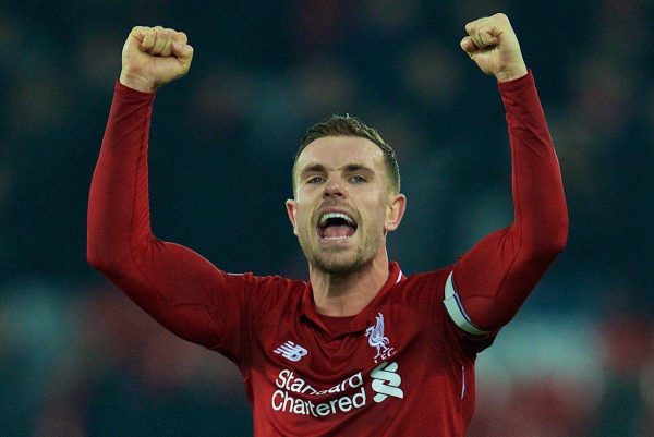 LIVERPOOL, ENGLAND - Saturday, January 19, 2019: Liverpool's captain Jordan Henderson celebrates after the 4-3 victory over Crystal Palace during the FA Premier League match between Liverpool FC and Crystal Palace FC at Anfield. (Pic by David Rawcliffe/Propaganda)