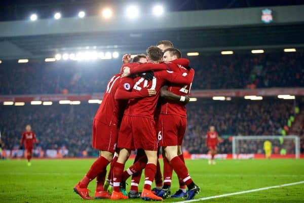 LIVERPOOL, ENGLAND - Saturday, January 19, 2019: Liverpool's Sadio Mane (hidden) celebrates scoring the fourth goal with team-mates during the FA Premier League match between Liverpool FC and Crystal Palace FC at Anfield. (Pic by David Rawcliffe/Propaganda)