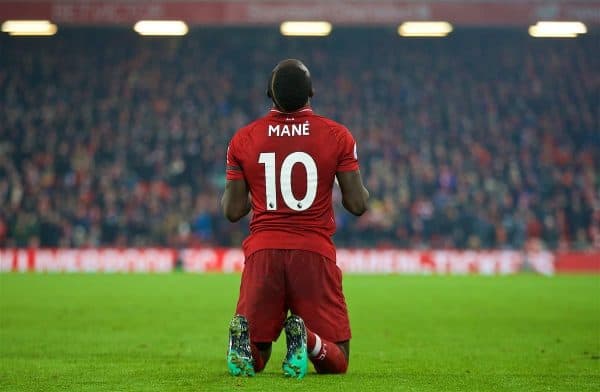 LIVERPOOL, ENGLAND - Saturday, January 19, 2019: Liverpool's Sadio Mane kneels to pray as he celebrates scoring the fourth goal during the FA Premier League match between Liverpool FC and Crystal Palace FC at Anfield. (Pic by David Rawcliffe/Propaganda)