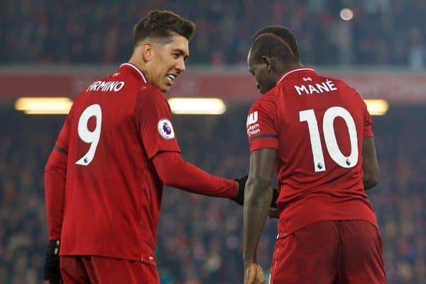 LIVERPOOL, ENGLAND - Saturday, January 19, 2019: Liverpool's Sadio Mane (R) celebrates scoring the fourth goal with team-mate Roberto Firmino during the FA Premier League match between Liverpool FC and Crystal Palace FC at Anfield. (Pic by David Rawcliffe/Propaganda)