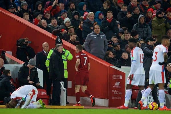 LIVERPOOL, ENGLAND - Saturday, January 19, 2019: Liverpool's James Milner walks off the pitch down the tunnel after being sent off during the FA Premier League match between Liverpool FC and Crystal Palace FC at Anfield. (Pic by David Rawcliffe/Propaganda)