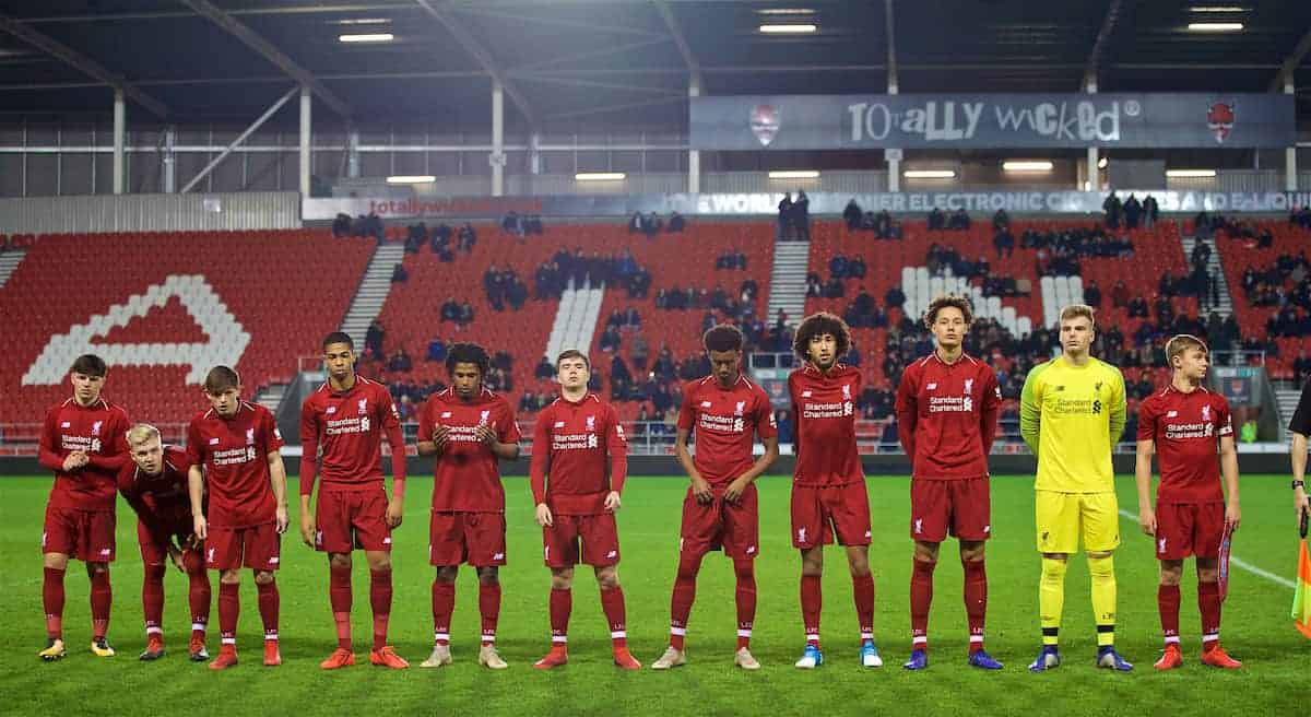 ST HELENS, ENGLAND - Monday, January 21, 2019: Liverpool players line-up before the FA Youth Cup 4th Round match between Liverpool FC and Accrington Stanley FC at Langtree Park. L-R Bobby Duncan, Luis Longstaff, Leighton Clarkson, Elijah Dixon-Bonner, Yasser Larouci, Jack Walls, Abdulrahman Sharif, Remi Savage, Rhys Williams, goalkeeper Jaros Vitezslav, captain Paul Glatzel. (Pic by Paul Greenwood/Propaganda)