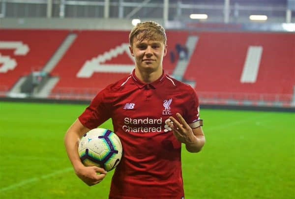 ST HELENS, ENGLAND - Monday, January 21, 2019: Liverpool's hat-trick hero captain Paul Glatzel celebrates with the match ball after his three goals helped seal a 4-0 victory over Accrington Stanley, it was his third hat-trick of the season, during the FA Youth Cup 4th Round match between Liverpool FC and Accrington Stanley FC at Langtree Park. (Pic by Paul Greenwood/Propaganda)