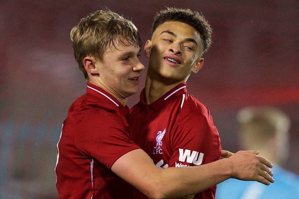 ST HELENS, ENGLAND - Monday, January 21, 2019: Liverpool's captain Paul Glatzel celebrates scoring the fourth goal, completing his hat-trick, with team-mate Fidel O'Rourke, it was his third hat-trick of the season, during the FA Youth Cup 4th Round match between Liverpool FC and Accrington Stanley FC at Langtree Park. (Pic by Paul Greenwood/Propaganda)