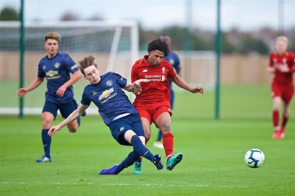 KIRKBY, ENGLAND - Saturday, January 26, 2019: Liverpool's Yasser Larouci (R) and Manchester United's Jimmy Garner during the FA Premier League match between Wolverhampton Wanderers FC and Liverpool FC at Molineux Stadium. (Pic by David Rawcliffe/Propaganda)