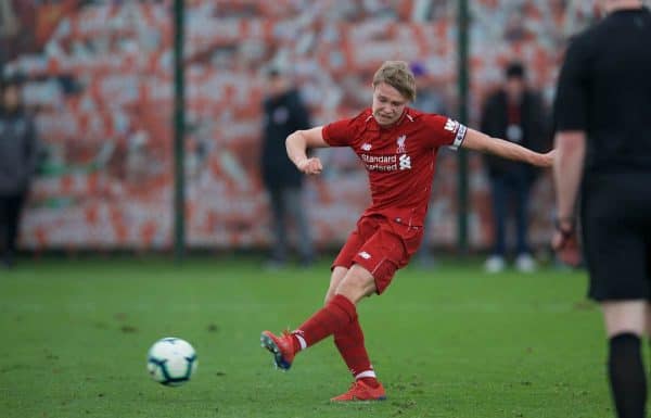 KIRKBY, ENGLAND - Saturday, January 26, 2019: Liverpool's captain Paul Glatzel sees his penalty saved before scoring with a re-bound during the FA Premier League match between Liverpool FC and Manchester United FC at The Academy. (Pic by David Rawcliffe/Propaganda)