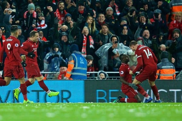 LIVERPOOL, ENGLAND - Wednesday, January 30, 2019: Liverpool's Sadio Mane celebrates scoring the first goal during the FA Premier League match between Liverpool FC and Leicester City FC at Anfield. (Pic by David Rawcliffe/Propaganda)