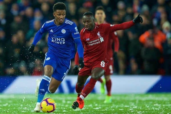 LIVERPOOL, ENGLAND - Wednesday, January 30, 2019: Liverpool's Baby Keita (R) during the FA Premier League match between Liverpool FC and Leicester City FC at Anfield. (Pic by David Rawcliffe/Propaganda)