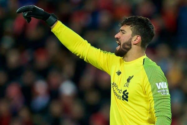 LIVERPOOL, ENGLAND - Wednesday, January 30, 2019: Liverpool's goalkeeper Alisson Becker during the FA Premier League match between Liverpool FC and Leicester City FC at Anfield. (Pic by David Rawcliffe/Propaganda)