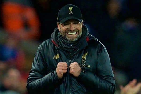 LIVERPOOL, ENGLAND - Wednesday, January 30, 2019: Liverpool's manager J¸rgen Klopp reacts during the FA Premier League match between Liverpool FC and Leicester City FC at Anfield. (Pic by David Rawcliffe/Propaganda)