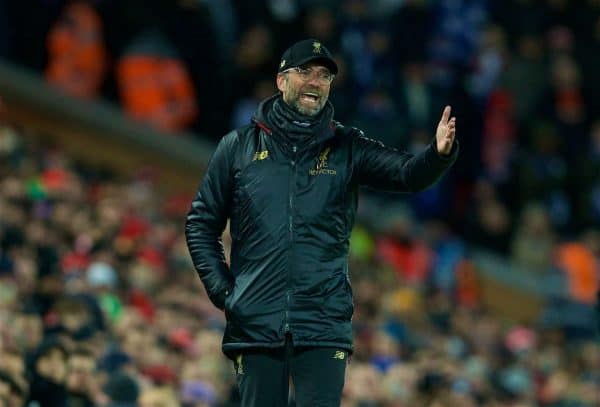 LIVERPOOL, ENGLAND - Wednesday, January 30, 2019: Liverpool's manager Jürgen Klopp reacts during the FA Premier League match between Liverpool FC and Leicester City FC at Anfield. (Pic by David Rawcliffe/Propaganda)