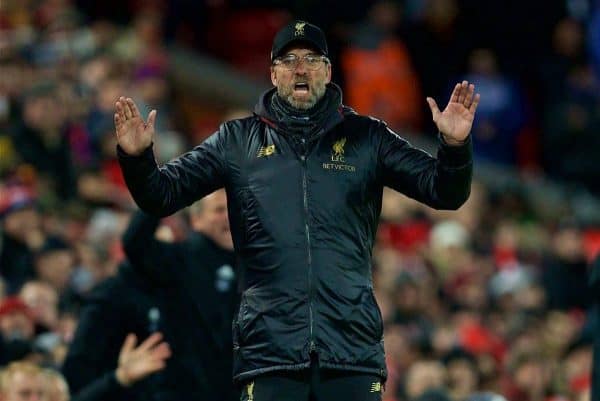 LIVERPOOL, ENGLAND - Wednesday, January 30, 2019: Liverpool's manager J¸rgen Klopp reacts as Leicester City scored the first equalising goal during the FA Premier League match between Liverpool FC and Leicester City FC at Anfield. (Pic by David Rawcliffe/Propaganda)