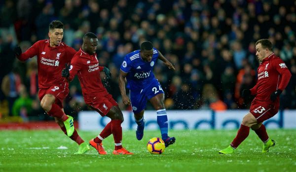 LIVERPOOL, ENGLAND - Wednesday, January 30, 2019: Liverpool's Roberto Firmino (first left), Baby Keita (second left), Xherdan Shaqiri (first right) and Leicester City's Nampalys Mendy (second right) during the FA Premier League match between Liverpool FC and Leicester City FC at Anfield. (Pic by David Rawcliffe/Propaganda)