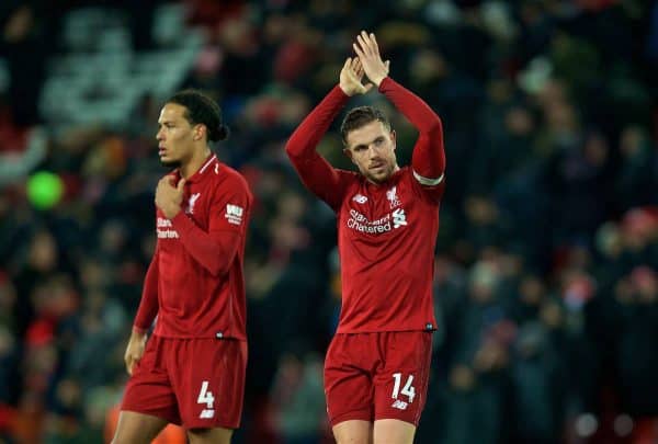 LIVERPOOL, ENGLAND - Wednesday, January 30, 2019: Liverpool's captain Jordan Henderson (R) and Virgil van Dijk after the 1-1 draw during the FA Premier League match between Liverpool FC and Leicester City FC at Anfield. (Pic by David Rawcliffe/Propaganda)