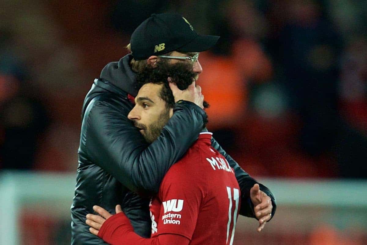 LIVERPOOL, ENGLAND - Wednesday, January 30, 2019: Liverpool's Mohamed Salah is embraced by manager J¸rgen Klopp after during the FA Premier League match between Liverpool FC and Leicester City FC at Anfield. The game ended in a 1-1 draw. (Pic by David Rawcliffe/Propaganda)