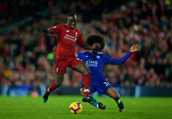 LIVERPOOL, ENGLAND - Wednesday, January 30, 2019: Liverpool's Sadio Mane is fouled by Leicester City's Hamza Choudhury during the FA Premier League match between Liverpool FC and Leicester City FC at Anfield. (Pic by David Rawcliffe/Propaganda)