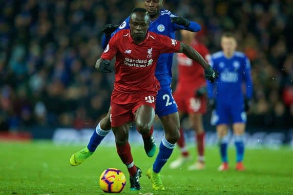 LIVERPOOL, ENGLAND - Wednesday, January 30, 2019: Liverpool's Sadio Mane and Leicester City's Wilfred Ndidi during the FA Premier League match between Liverpool FC and Leicester City FC at Anfield. (Pic by David Rawcliffe/Propaganda)