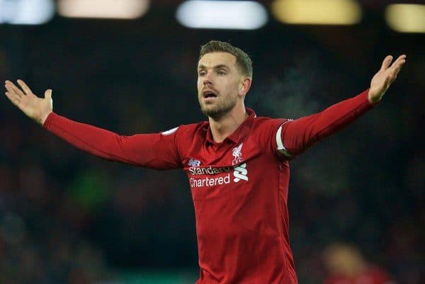 LIVERPOOL, ENGLAND - Wednesday, January 30, 2019: Liverpool's captain Jordan Henderson appeals for a penalty during the FA Premier League match between Liverpool FC and Leicester City FC at Anfield. (Pic by David Rawcliffe/Propaganda)