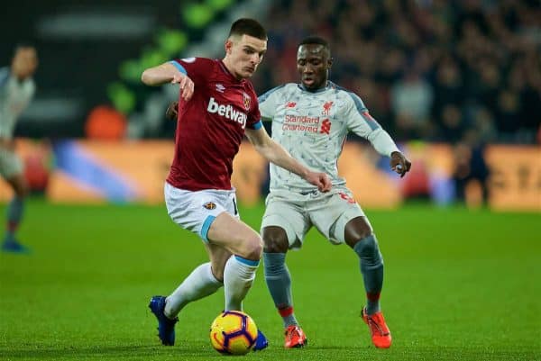 LONDON, ENGLAND - Monday, February 4, 2019: West Ham United's Declan Rice (L) and Liverpool's Naby Keita (R) during the FA Premier League match between West Ham United FC and Liverpool FC at the London Stadium. (Pic by David Rawcliffe/Propaganda)