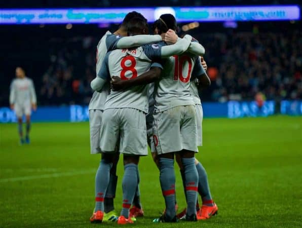 LONDON, ENGLAND - Monday, February 4, 2019: Liverpool's Sadio Mane celebrates scoring the first goal with team-mates during the FA Premier League match between West Ham United FC and Liverpool FC at the London Stadium. (Pic by David Rawcliffe/Propaganda)