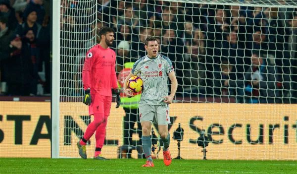 LONDON, ENGLAND - Monday, February 4, 2019: Liverpool's captain James Milner looks dejected as West Ham United score an equalising goal during the FA Premier League match between West Ham United FC and Liverpool FC at the London Stadium. (Pic by David Rawcliffe/Propaganda)