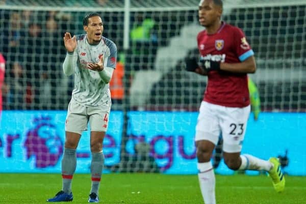 LONDON, ENGLAND - Monday, February 4, 2019: Liverpool's Virgil van Dijk looks dejected as West Ham United score an equalising goal during the FA Premier League match between West Ham United FC and Liverpool FC at the London Stadium. (Pic by David Rawcliffe/Propaganda)