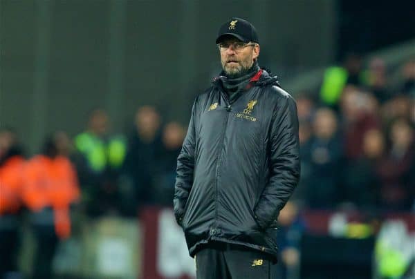 LONDON, ENGLAND - Monday, February 4, 2019: Liverpool's manager Jürgen Klopp during the FA Premier League match between West Ham United FC and Liverpool FC at the London Stadium. (Pic by David Rawcliffe/Propaganda)