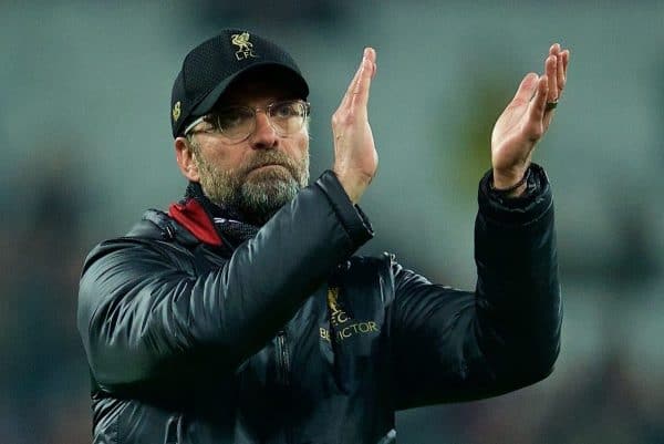 LONDON, ENGLAND - Monday, February 4, 2019: Liverpool's manager J¸rgen Klopp applauds the supporters after the 1-1 draw during the FA Premier League match between West Ham United FC and Liverpool FC at the London Stadium. (Pic by David Rawcliffe/Propaganda)