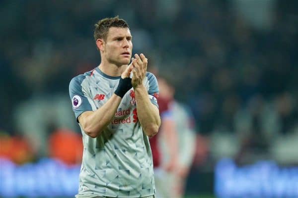 LONDON, ENGLAND - Monday, February 4, 2019: Liverpool's captain James Milner applauds the supporters after the 1-1 draw during the FA Premier League match between West Ham United FC and Liverpool FC at the London Stadium. (Pic by David Rawcliffe/Propaganda)