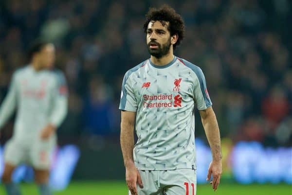 LONDON, ENGLAND - Monday, February 4, 2019: Liverpool's Mohamed Salah looks dejected during the FA Premier League match between West Ham United FC and Liverpool FC at the London Stadium. (Pic by David Rawcliffe/Propaganda)