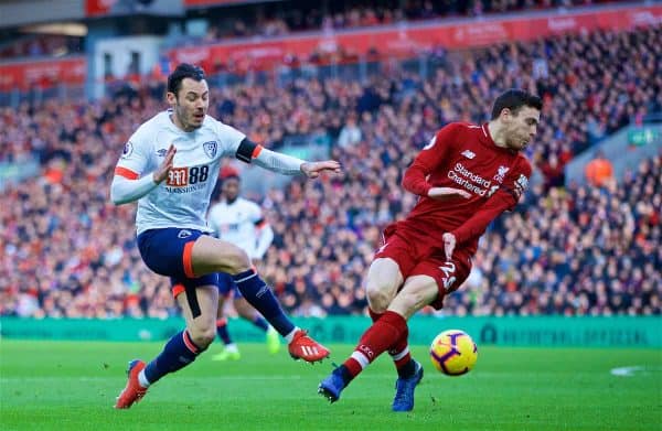 LIVERPOOL, ENGLAND - Saturday, February 9, 2019: AFC Bournemouth's Adam Smith (L) and Liverpool's Andy Robertson (R) during the FA Premier League match between Liverpool FC and AFC Bournemouth at Anfield. (Pic by David Rawcliffe/Propaganda)