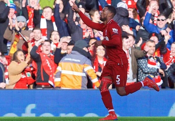 LIVERPOOL, ENGLAND - Saturday, February 9, 2019: Liverpool's Georginio Wijnaldum celebrates scoring the second goal during the FA Premier League match between Liverpool FC and AFC Bournemouth at Anfield. (Pic by David Rawcliffe/Propaganda)