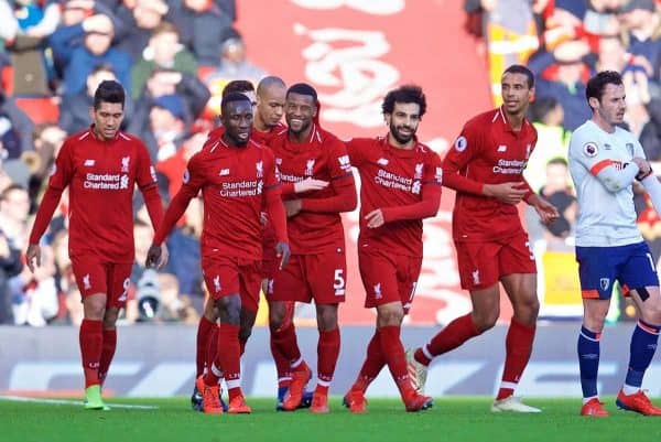 LIVERPOOL, ENGLAND - Saturday, February 9, 2019: Liverpool's Georginio Wijnaldum celebrates scoring the second goal with team-mates during the FA Premier League match between Liverpool FC and AFC Bournemouth at Anfield. (Pic by David Rawcliffe/Propaganda)