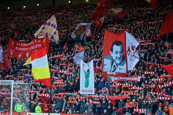 LIVERPOOL, ENGLAND - Saturday, February 9, 2019: Liverpool supporters on the Spion Kop before the FA Premier League match between Liverpool FC and AFC Bournemouth at Anfield. (Pic by David Rawcliffe/Propaganda)