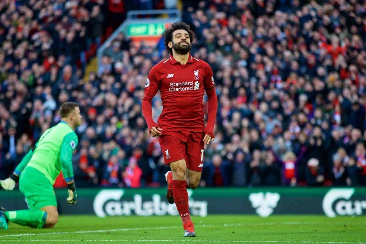 LIVERPOOL, ENGLAND - Saturday, February 9, 2019: Liverpool's Mohamed Salah celebrates scoring the third goal during the FA Premier League match between Liverpool FC and AFC Bournemouth at Anfield. (Pic by David Rawcliffe/Propaganda)