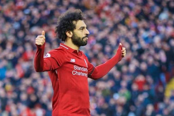 LIVERPOOL, ENGLAND - Saturday, February 9, 2019: Liverpool's Mohamed Salah celebrates scoring the third goal during the FA Premier League match between Liverpool FC and AFC Bournemouth at Anfield. (Pic by David Rawcliffe/Propaganda)