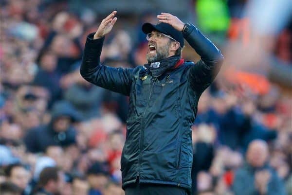 LIVERPOOL, ENGLAND - Saturday, February 9, 2019: Liverpool's manager J¸rgen Klopp reacts during the FA Premier League match between Liverpool FC and AFC Bournemouth at Anfield. (Pic by David Rawcliffe/Propaganda)