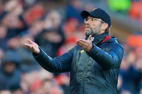 LIVERPOOL, ENGLAND - Saturday, February 9, 2019: Liverpool's manager J¸rgen Klopp reacts during the FA Premier League match between Liverpool FC and AFC Bournemouth at Anfield. (Pic by David Rawcliffe/Propaganda)