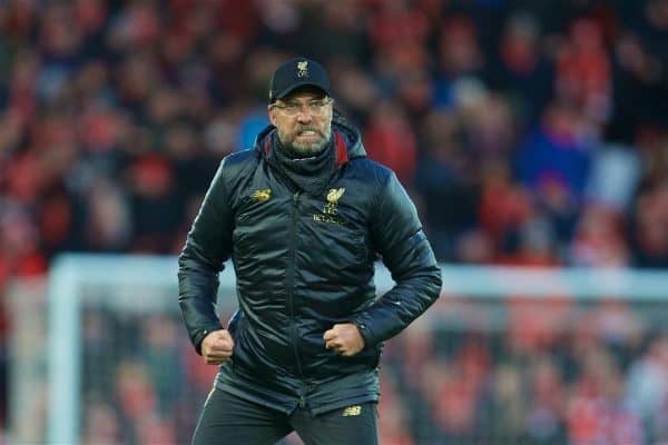 LIVERPOOL, ENGLAND - Saturday, February 9, 2019: Liverpool's manager J¸rgen Klopp celebrates after the 3-0 victory over AFC Bournemouth during the FA Premier League match between Liverpool FC and AFC Bournemouth at Anfield. (Pic by David Rawcliffe/Propaganda)