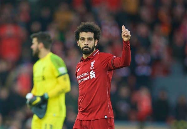 LIVERPOOL, ENGLAND - Saturday, February 9, 2019: Liverpool's Mohamed Salah celebrates after the 3-0 victory over AFC Bournemouth during the FA Premier League match between Liverpool FC and AFC Bournemouth at Anfield. (Pic by David Rawcliffe/Propaganda)