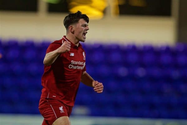 CHESTER, ENGLAND - Wednesday, February 13, 2019: Liverpool's Bobby Duncan celebrates scoring the second goal during the FA Youth Cup 5th Round match between Liverpool FC and Wigan Athletic FC at the Deva Stadium. (Pic by David Rawcliffe/Propaganda)