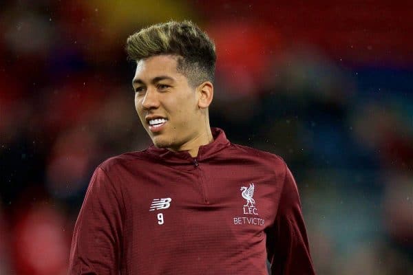 LIVERPOOL, ENGLAND - Tuesday, February 19, 2019: Liverpool's Roberto Firmino during the pre-match warm-up before the UEFA Champions League Round of 16 1st Leg match between Liverpool FC and FC Bayern M¸nchen at Anfield. (Pic by David Rawcliffe/Propaganda)